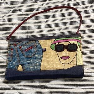 Ralph Lauren Straw & Denim Embroidered Wristlet with Pink and Green Accents
